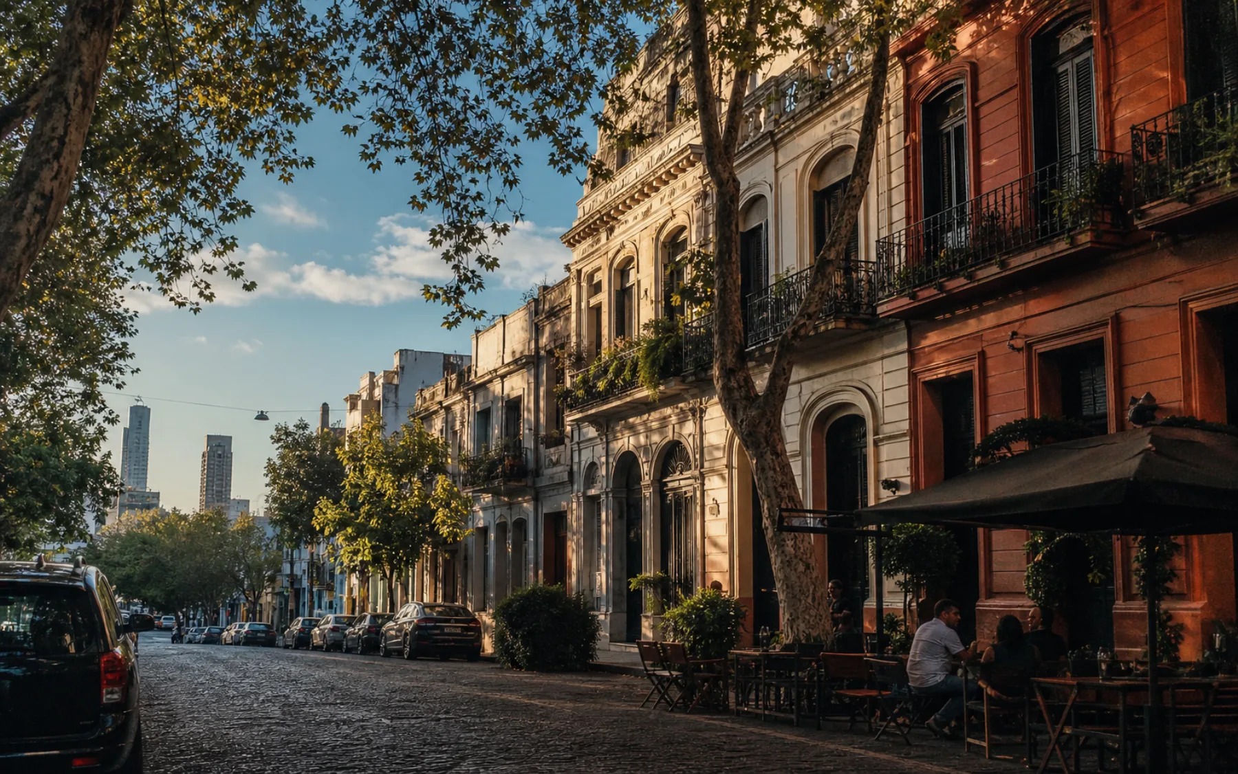 Calle histórica y arbolada de Buenos Aires con fachadas coloridas y un café